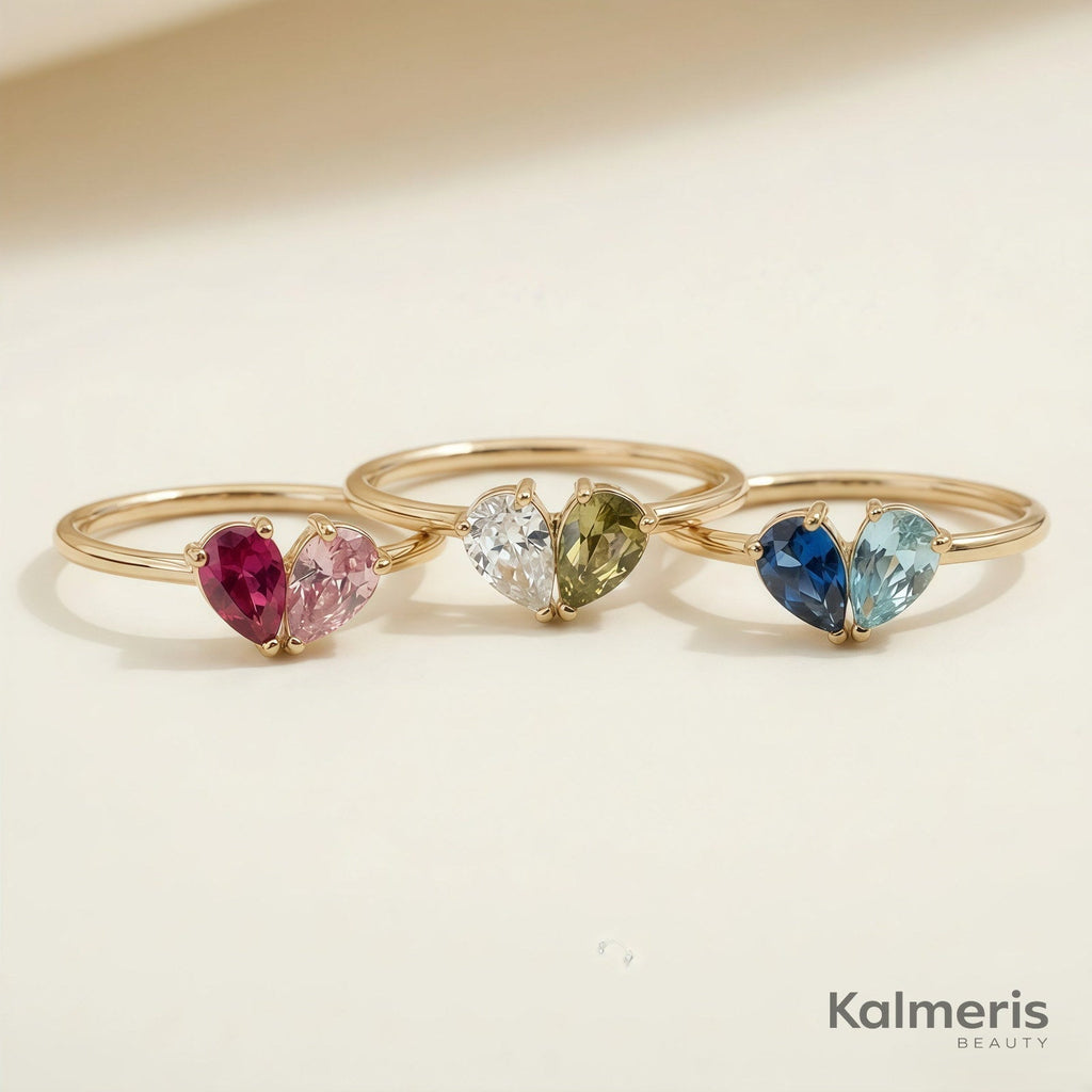 Three Liora Rings with different birthstone combinations